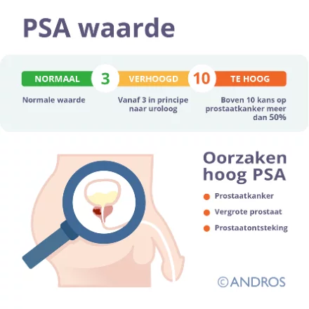 PSA Waarde te hoog boven 10 Verhoogd 3 tot 10 Mogelijke oorzaken zijn prostaatkanker, vergrote prostaat of prostaatontsteking 